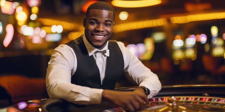 Dealer casino langsung sedang mengocok kartu di meja baccarat live